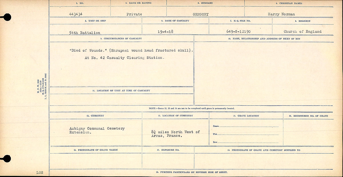 Title: Circumstances of Death Registers, First World War - Mikan Number: 46246 - Microform: 31829_B016687