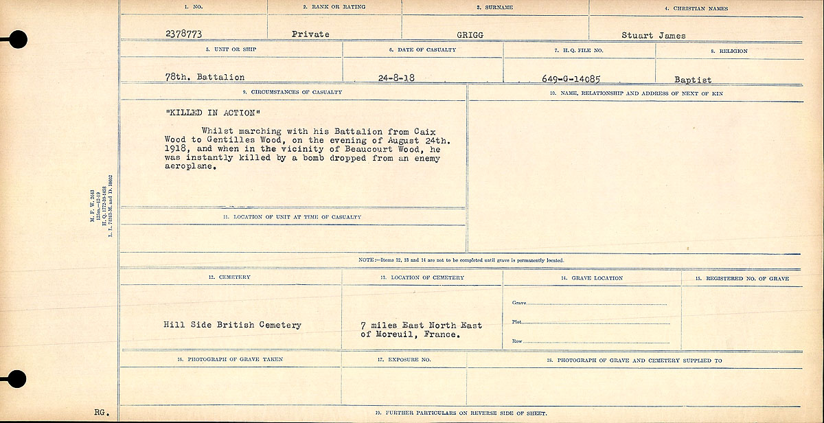 Title: Circumstances of Death Registers, First World War - Mikan Number: 46246 - Microform: 31829_B016687