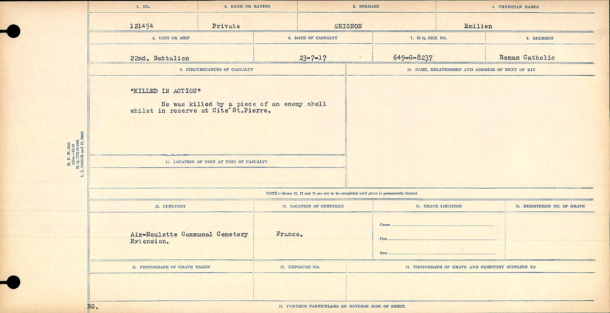 Title: Circumstances of Death Registers, First World War - Mikan Number: 46246 - Microform: 31829_B016687