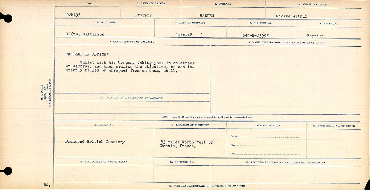 Title: Circumstances of Death Registers, First World War - Mikan Number: 46246 - Microform: 31829_B016688