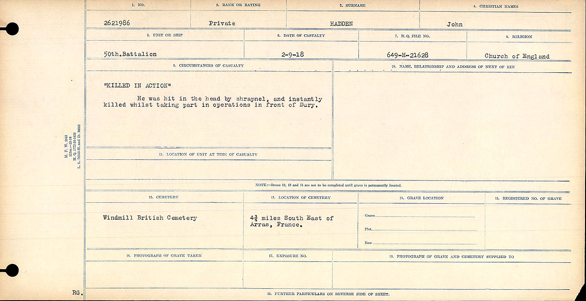 Title: Circumstances of Death Registers, First World War - Mikan Number: 46246 - Microform: 31829_B016688