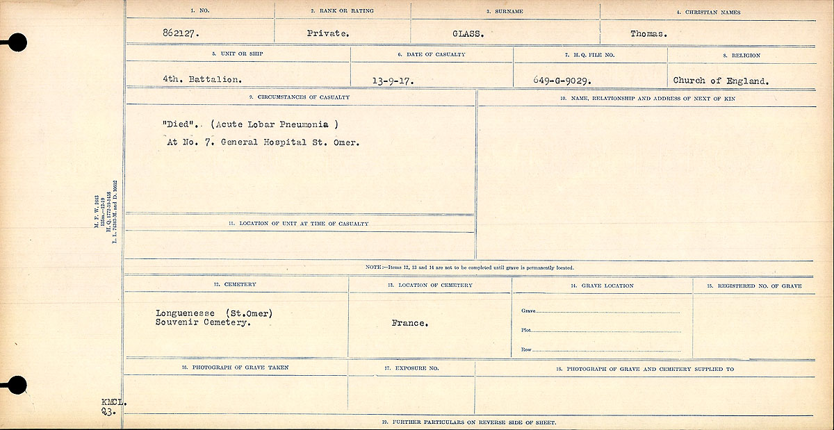 Title: Circumstances of Death Registers, First World War - Mikan Number: 46246 - Microform: 31829_B016689
