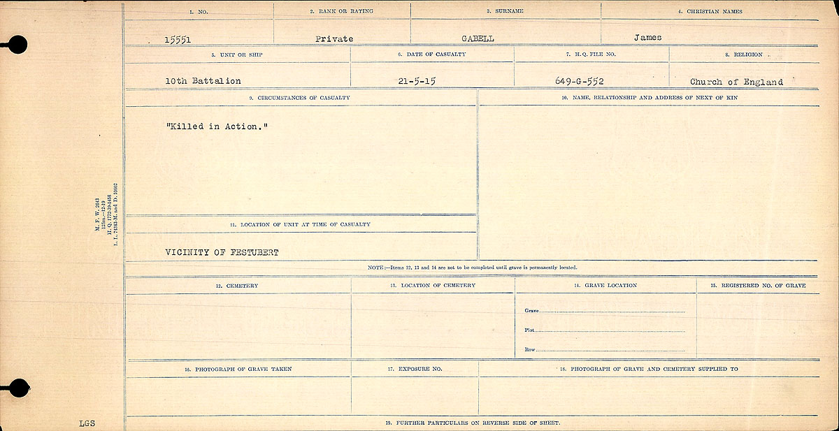 Title: Circumstances of Death Registers, First World War - Mikan Number: 46246 - Microform: 31829_B016691