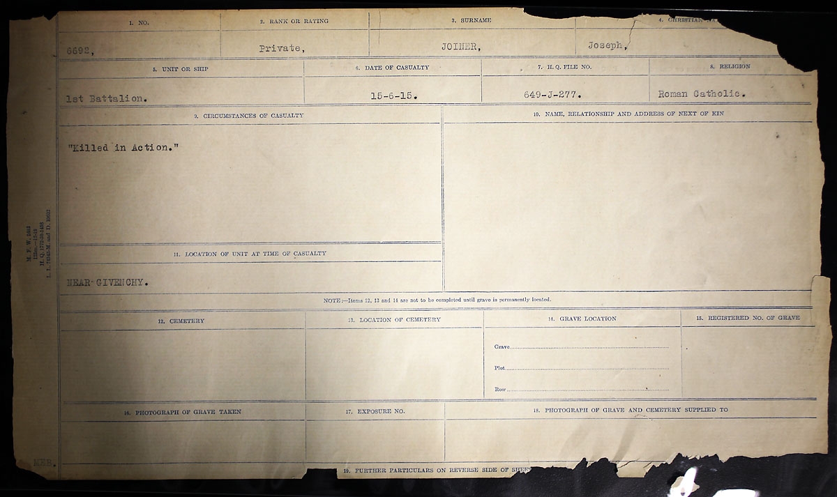 Titre : Registres de circonstances du dcs, Premire Guerre mondiale - N d'enregistrement Mikan : 46246 - Microforme : 31829_B016692