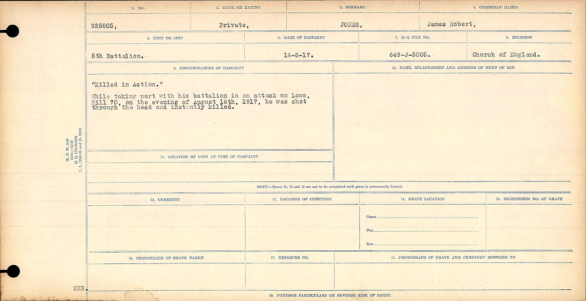 Title: Circumstances of Death Registers, First World War - Mikan Number: 46246 - Microform: 31829_B016692