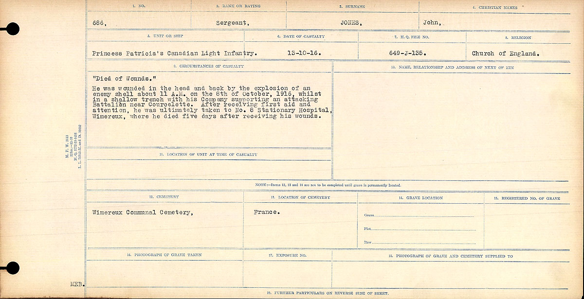 Title: Circumstances of Death Registers, First World War - Mikan Number: 46246 - Microform: 31829_B016692