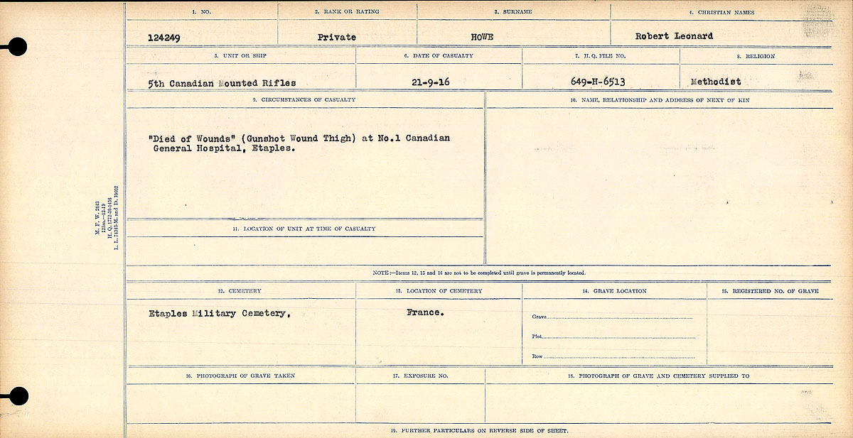 Title: Circumstances of Death Registers, First World War - Mikan Number: 46246 - Microform: 31829_B016693