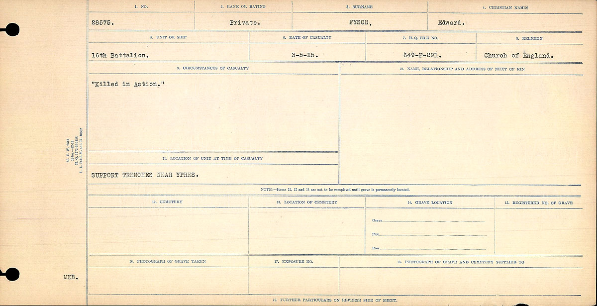 Titre : Registres de circonstances du dcs, Premire Guerre mondiale - N d'enregistrement Mikan : 46246 - Microforme : 31829_B016694