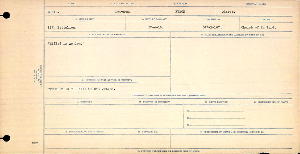 Title: Circumstances of Death Registers, First World War - Mikan Number: 46246 - Microform: 31829_B016694