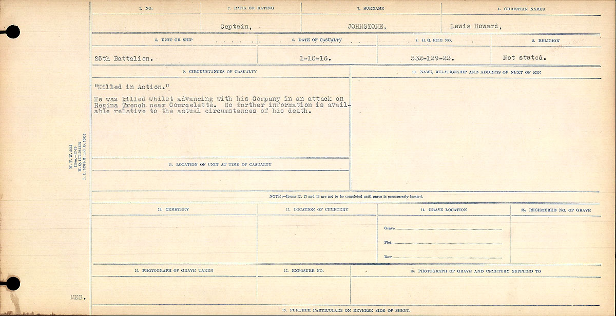 Titre : Registres de circonstances du dcs, Premire Guerre mondiale - N d'enregistrement Mikan : 46246 - Microforme : 31829_B016695