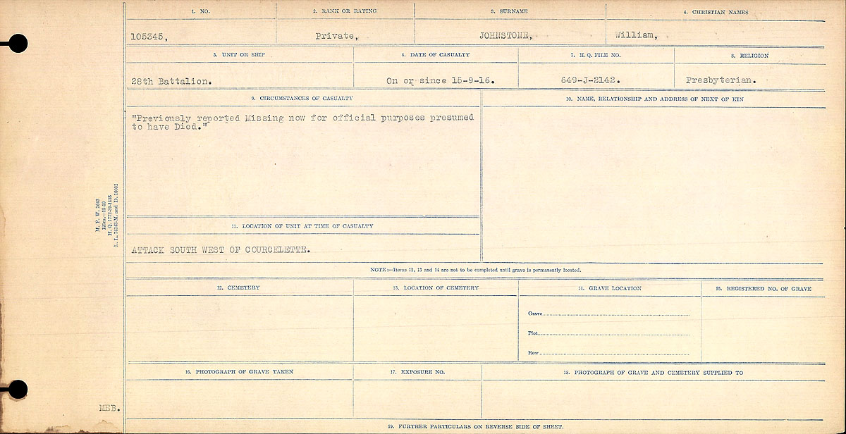 Titre : Registres de circonstances du dcs, Premire Guerre mondiale - N d'enregistrement Mikan : 46246 - Microforme : 31829_B016695