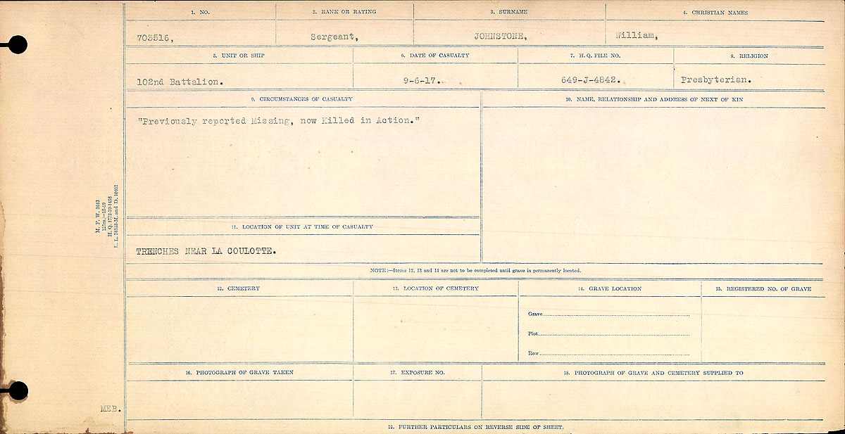 Title: Circumstances of Death Registers, First World War - Mikan Number: 46246 - Microform: 31829_B016695