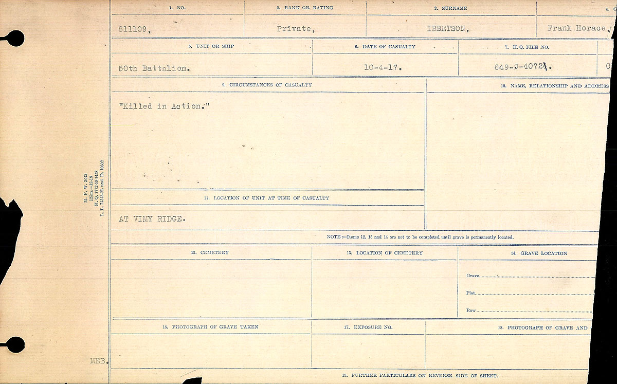 Titre : Registres de circonstances du dcs, Premire Guerre mondiale - N d'enregistrement Mikan : 46246 - Microforme : 31829_B016696