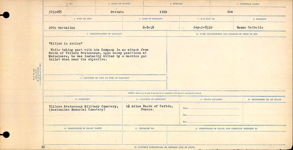 Title: Circumstances of Death Registers, First World War - Mikan Number: 46246 - Microform: 31829_B016696