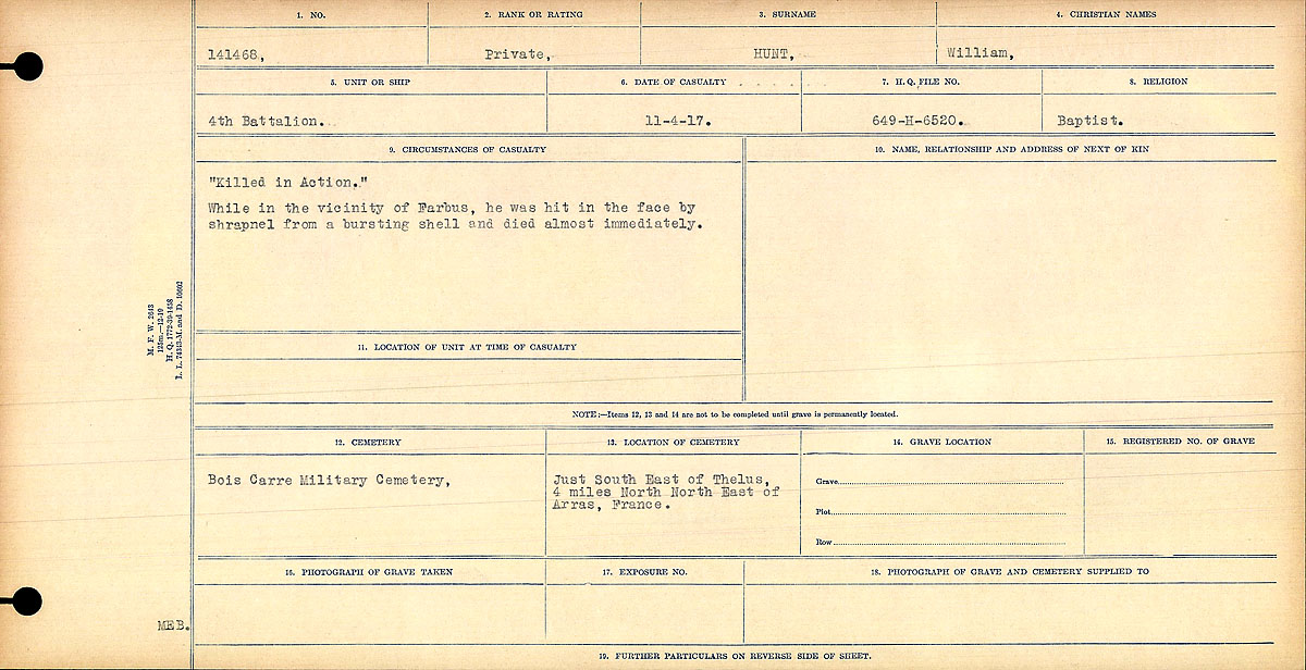 Title: Circumstances of Death Registers, First World War - Mikan Number: 46246 - Microform: 31829_B016697