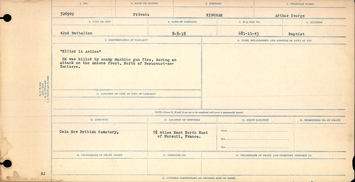 Titre : Registres de circonstances du dcs, Premire Guerre mondiale - N d'enregistrement Mikan : 46246 - Microforme : 31829_B016698