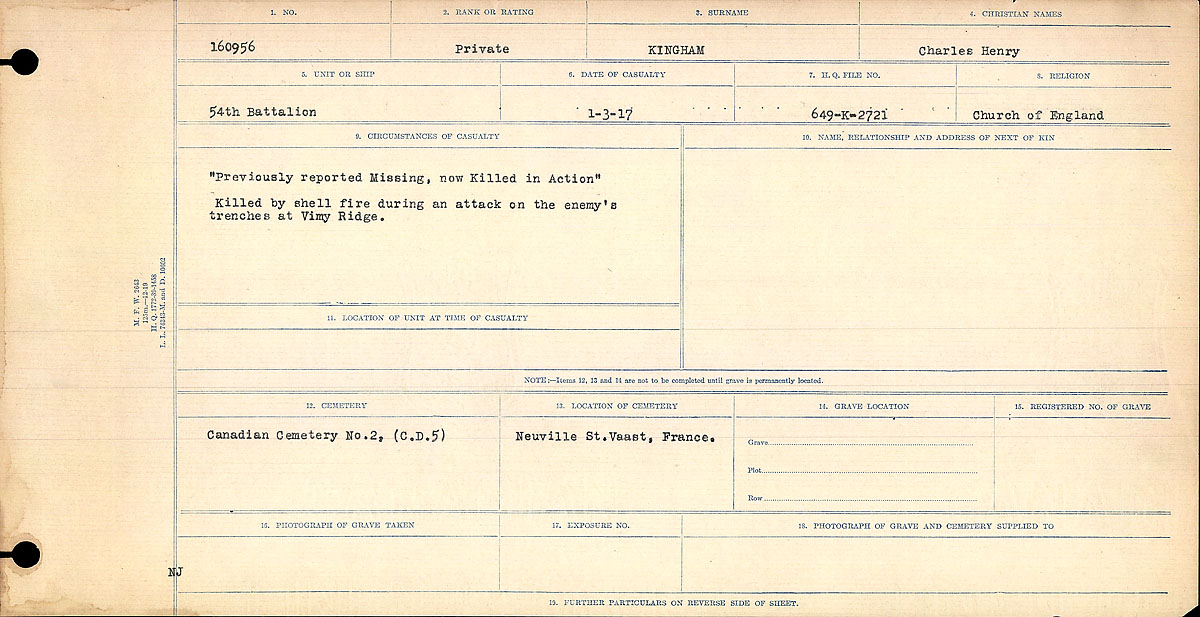 Title: Circumstances of Death Registers, First World War - Mikan Number: 46246 - Microform: 31829_B016698