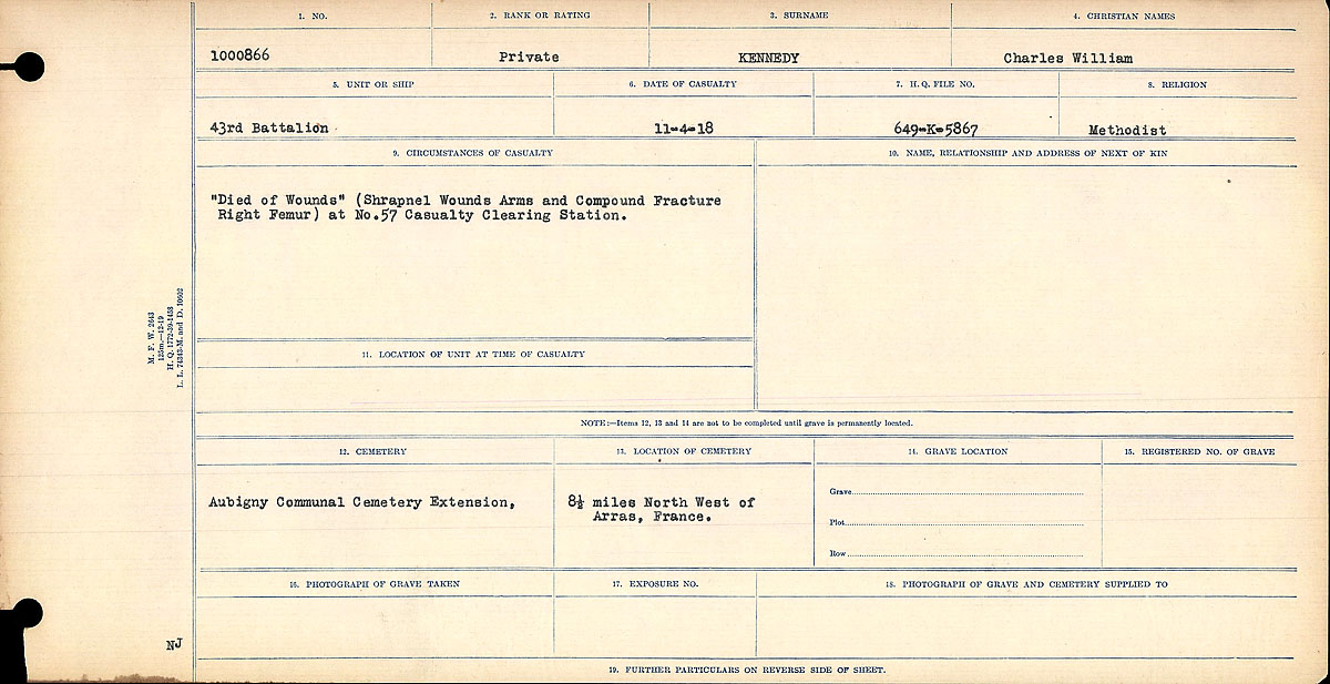 Title: Circumstances of Death Registers, First World War - Mikan Number: 46246 - Microform: 31829_B016699