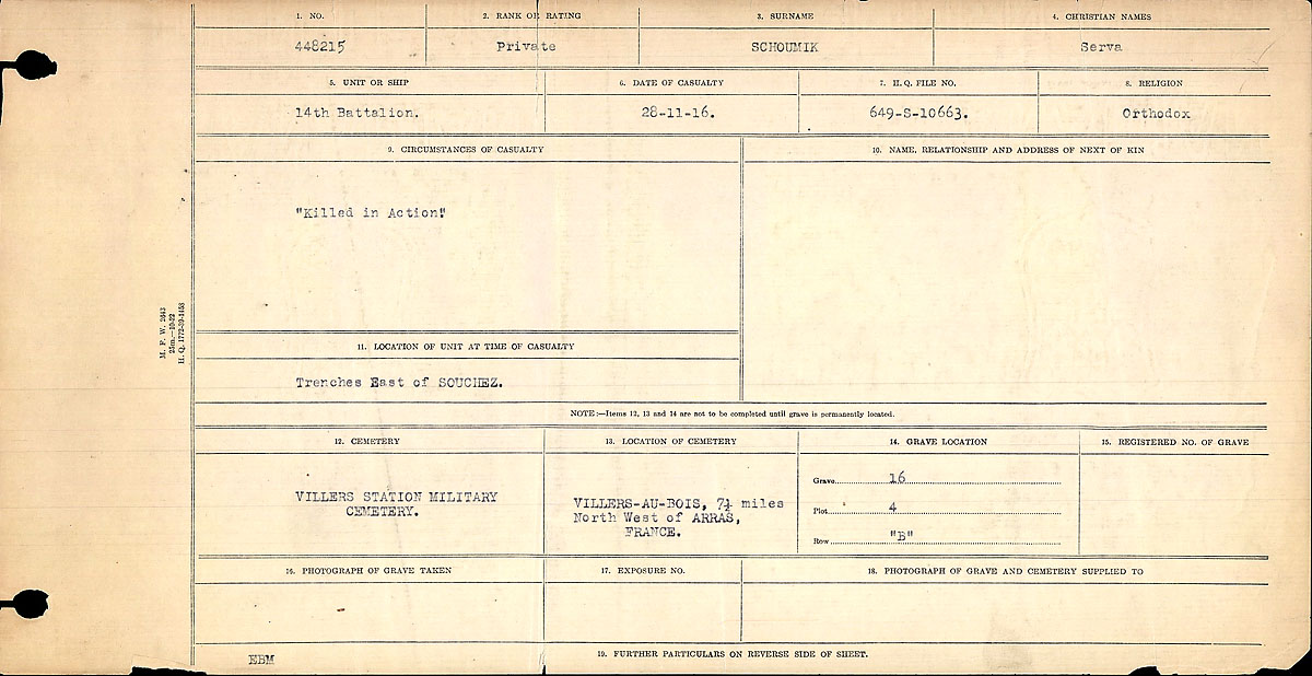Titre : Registres de circonstances du dcs, Premire Guerre mondiale - N d'enregistrement Mikan : 46246 - Microforme : 31829_B016700