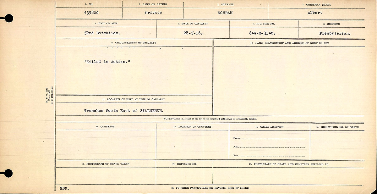 Title: Circumstances of Death Registers, First World War - Mikan Number: 46246 - Microform: 31829_B016700