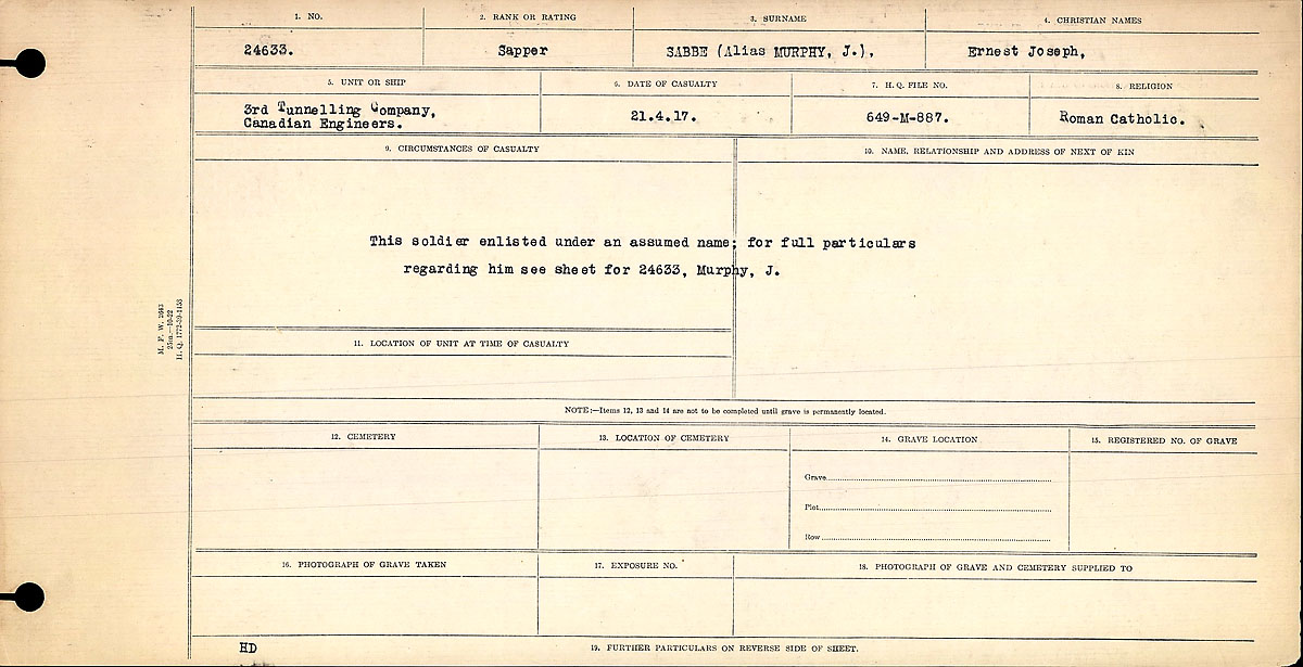Title: Circumstances of Death Registers, First World War - Mikan Number: 46246 - Microform: 31829_B016701