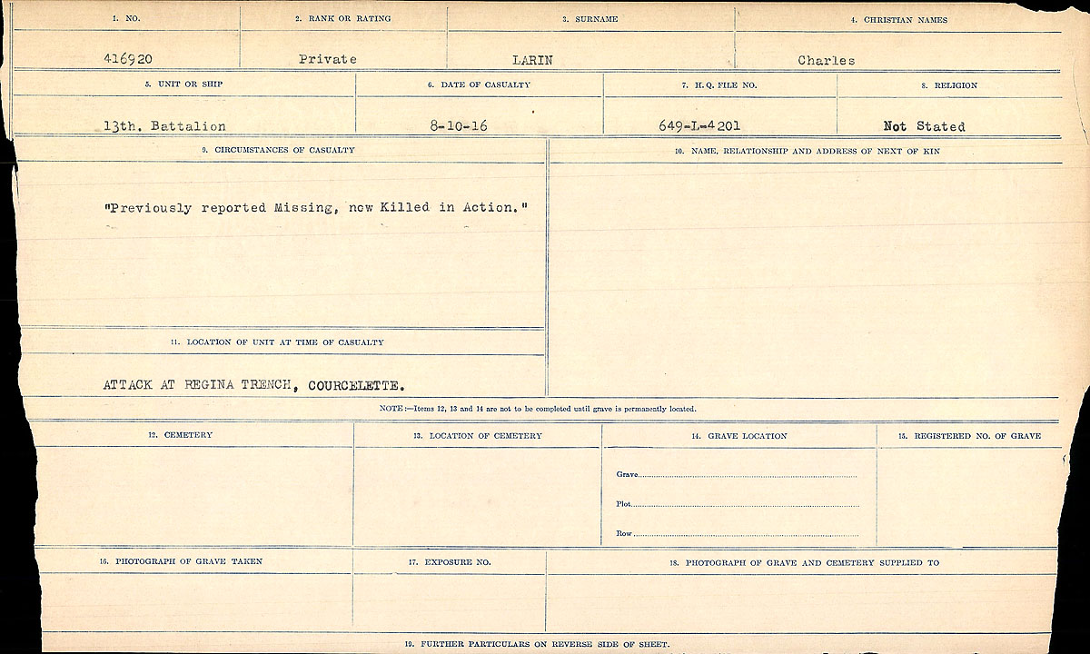 Title: Circumstances of Death Registers, First World War - Mikan Number: 46246 - Microform: 31829_B016702