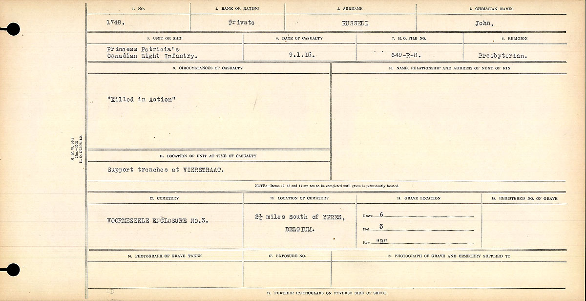 Title: Circumstances of Death Registers, First World War - Mikan Number: 46246 - Microform: 31829_B016703