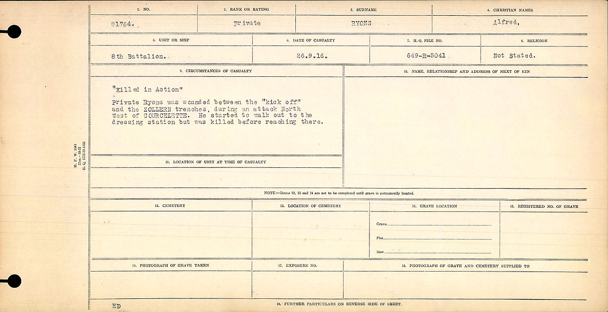 Title: Circumstances of Death Registers, First World War - Mikan Number: 46246 - Microform: 31829_B016703