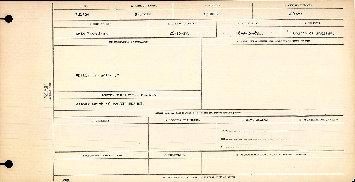 Title: Circumstances of Death Registers, First World War - Mikan Number: 46246 - Microform: 31829_B016704
