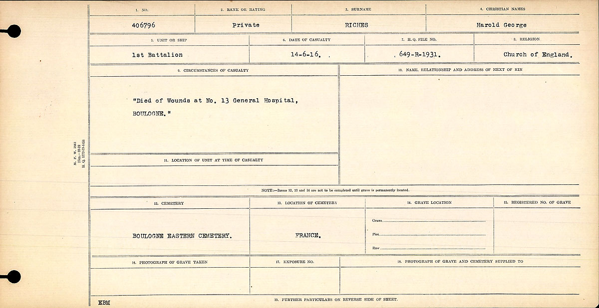 Title: Circumstances of Death Registers, First World War - Mikan Number: 46246 - Microform: 31829_B016704