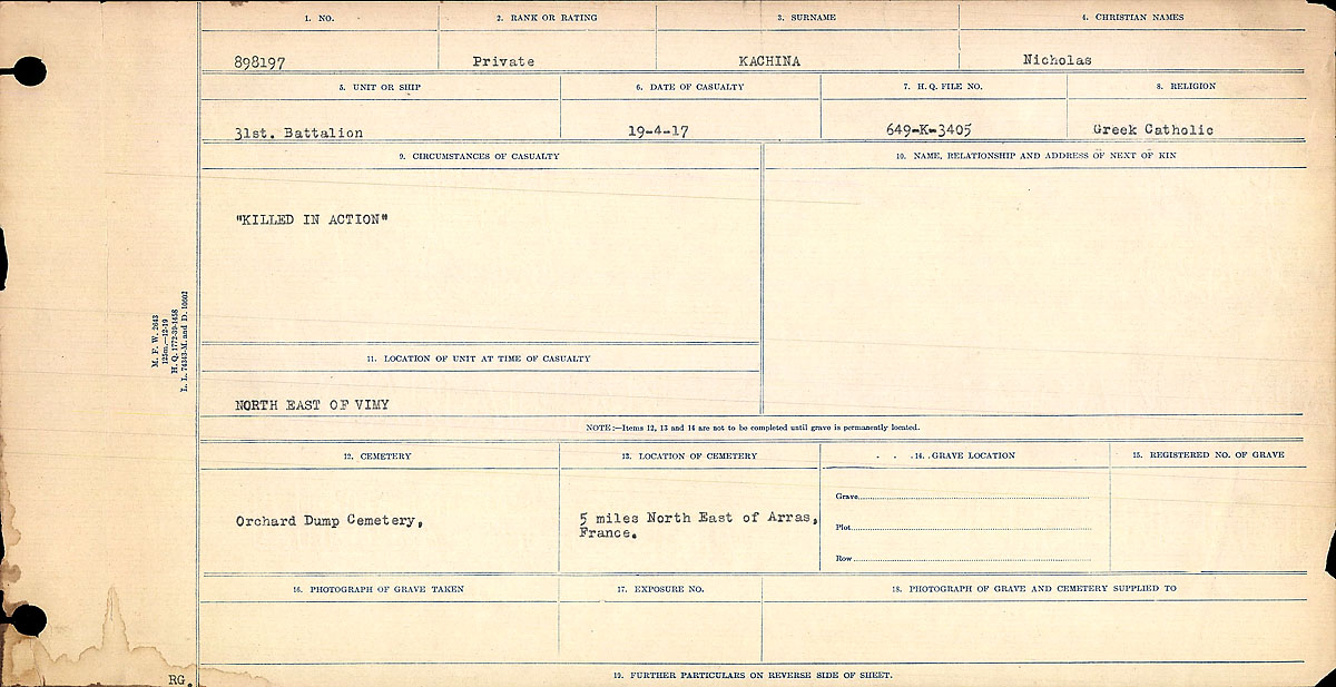 Titre : Registres de circonstances du dcs, Premire Guerre mondiale - N d'enregistrement Mikan : 46246 - Microforme : 31829_B016705