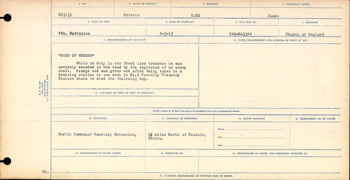 Title: Circumstances of Death Registers, First World War - Mikan Number: 46246 - Microform: 31829_B016705