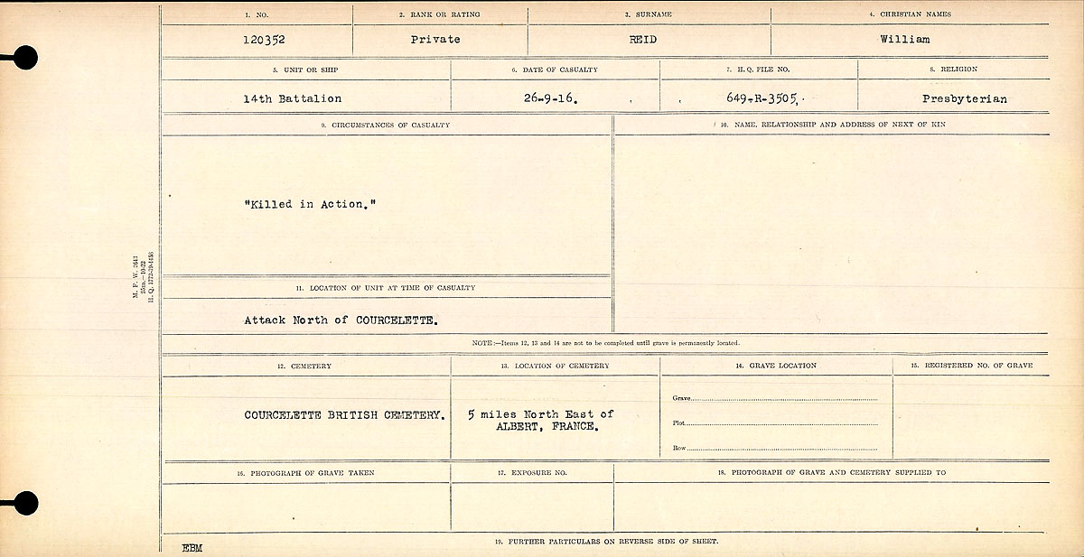 Title: Circumstances of Death Registers, First World War - Mikan Number: 46246 - Microform: 31829_B016706