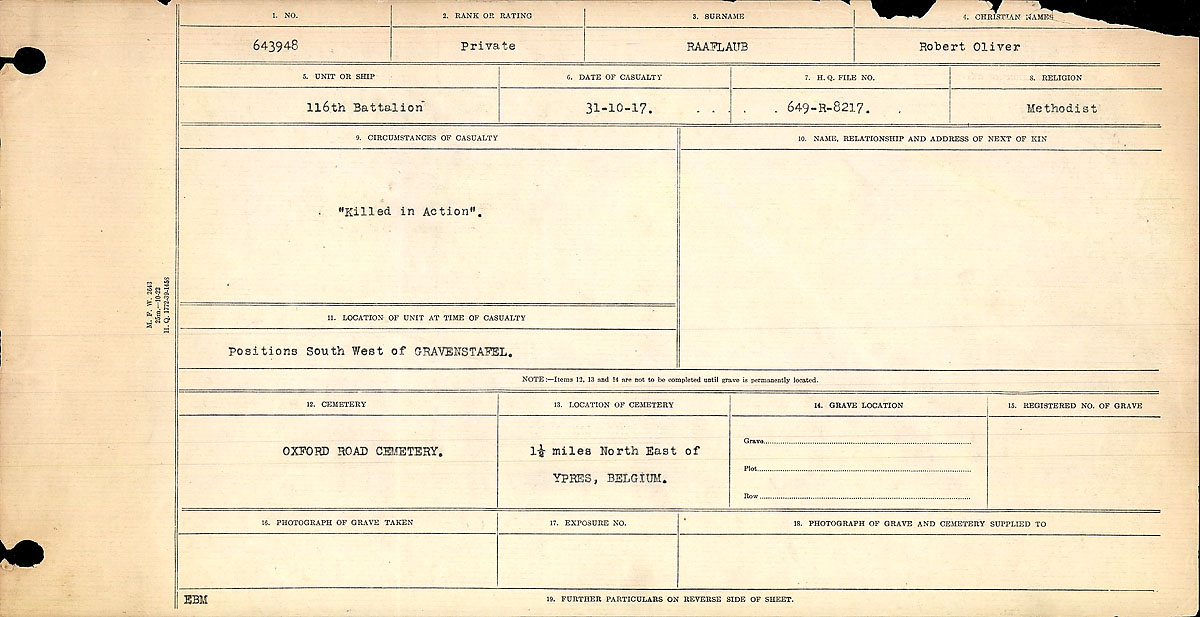 Titre : Registres de circonstances du dcs, Premire Guerre mondiale - N d'enregistrement Mikan : 46246 - Microforme : 31829_B016707