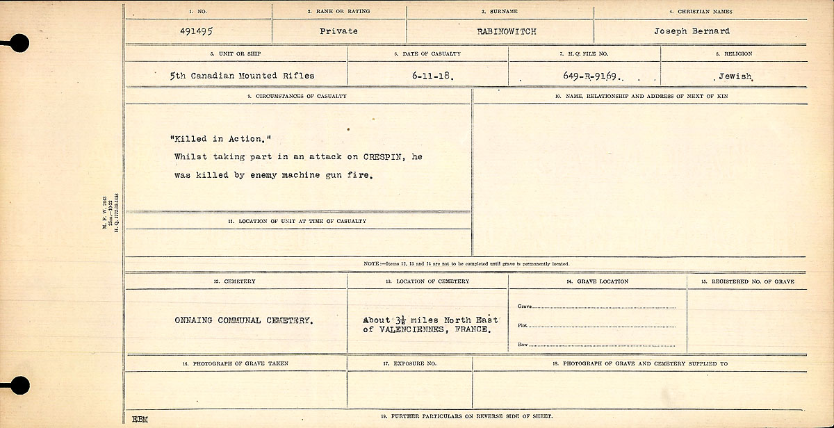 Title: Circumstances of Death Registers, First World War - Mikan Number: 46246 - Microform: 31829_B016707