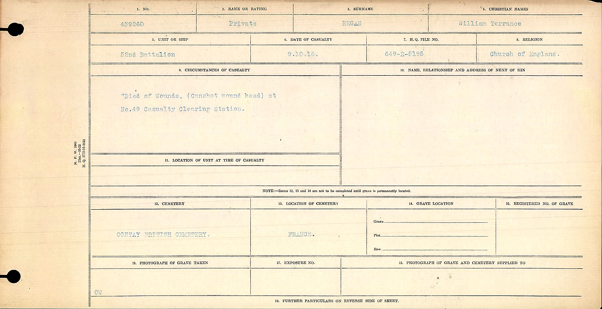 Title: Circumstances of Death Registers, First World War - Mikan Number: 46246 - Microform: 31829_B016707