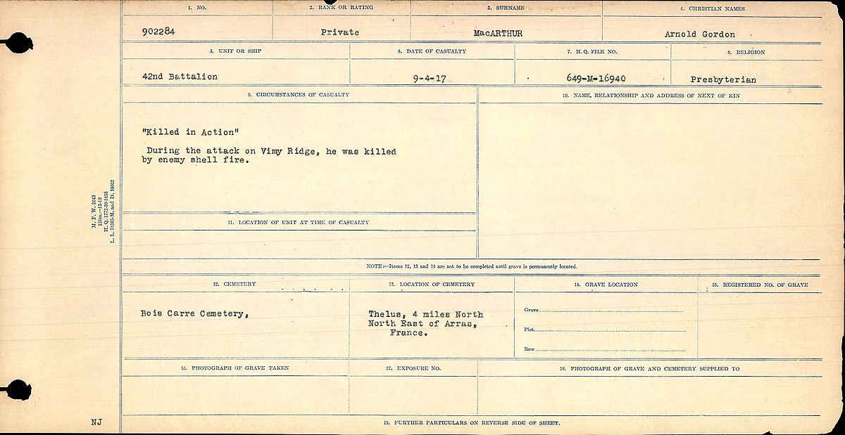 Title: Circumstances of Death Registers, First World War - Mikan Number: 46246 - Microform: 31829_B016708