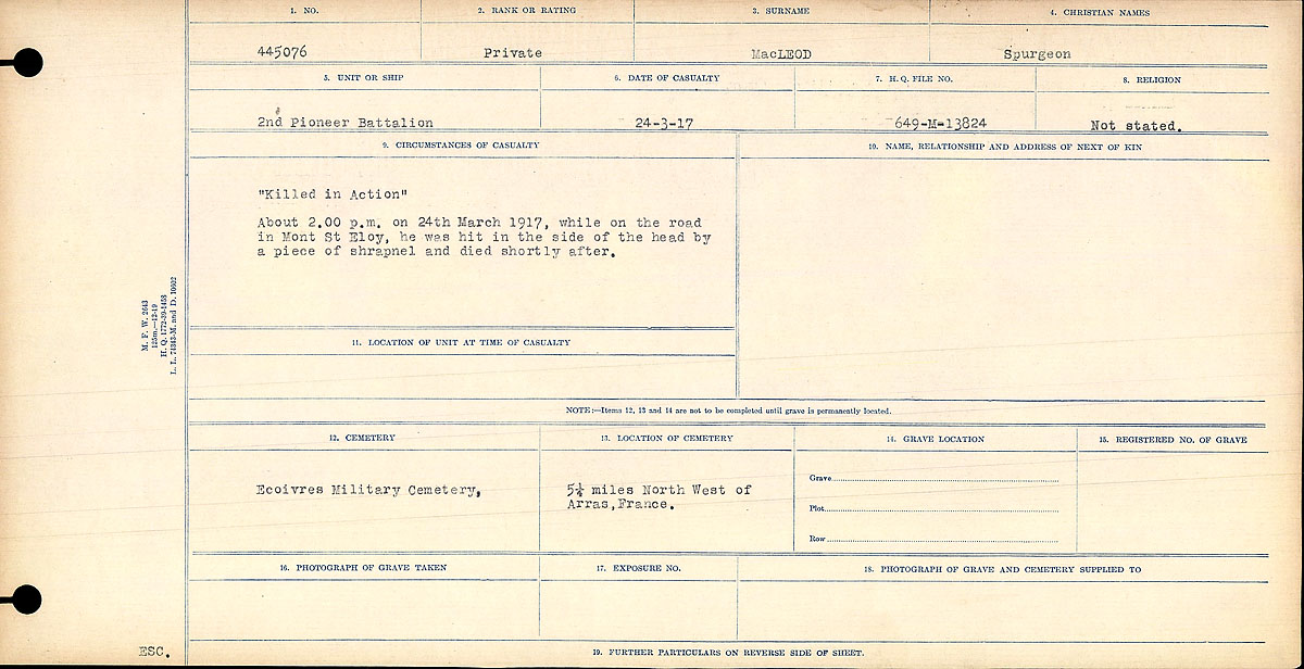 Title: Circumstances of Death Registers, First World War - Mikan Number: 46246 - Microform: 31829_B016708