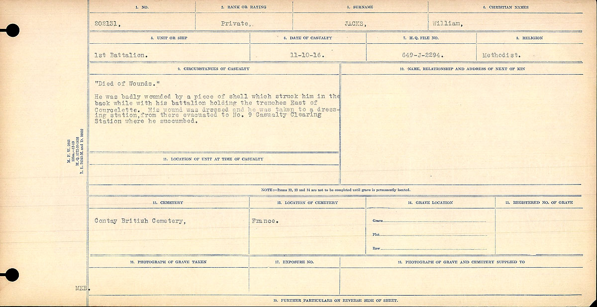 Titre : Registres de circonstances du dcs, Premire Guerre mondiale - N d'enregistrement Mikan : 46246 - Microforme : 31829_B016709