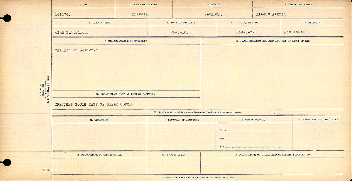 Title: Circumstances of Death Registers, First World War - Mikan Number: 46246 - Microform: 31829_B016709
