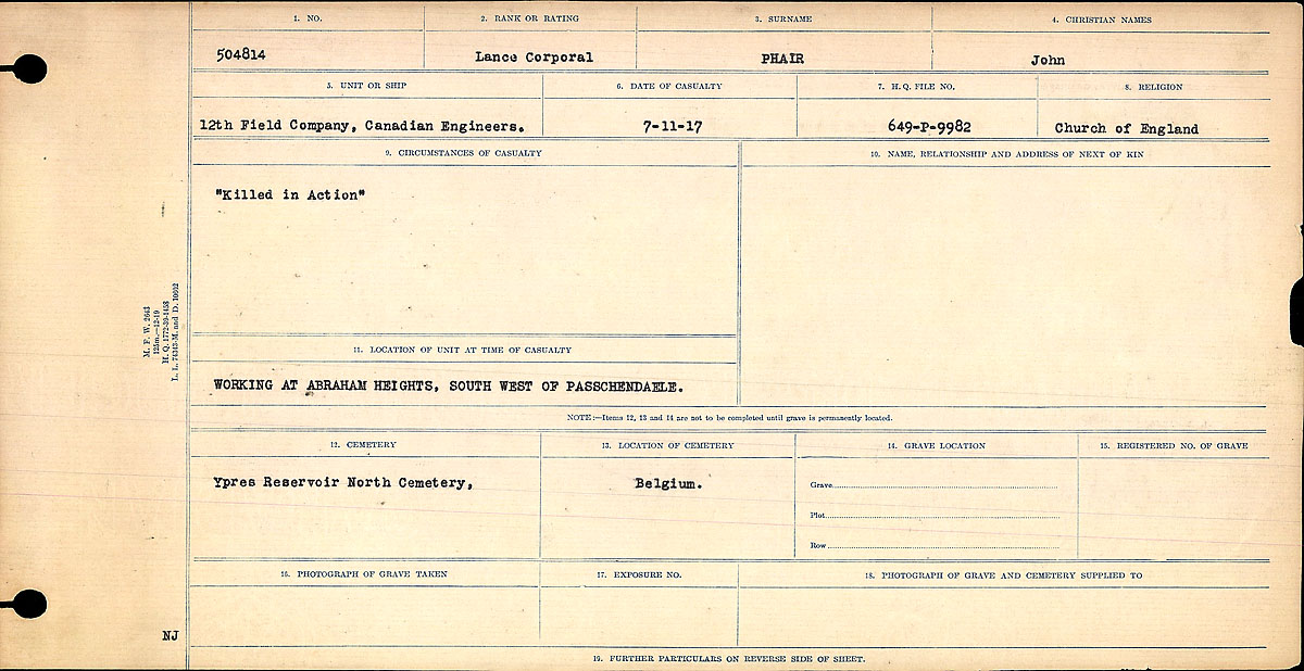 Titre : Registres de circonstances du dcs, Premire Guerre mondiale - N d'enregistrement Mikan : 46246 - Microforme : 31829_B016710