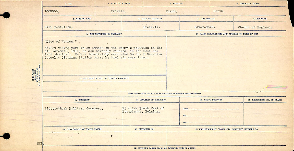 Title: Circumstances of Death Registers, First World War - Mikan Number: 46246 - Microform: 31829_B016710