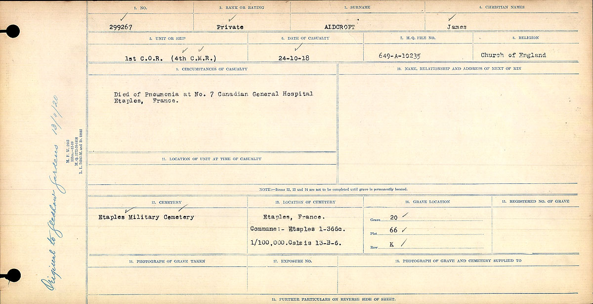 Title: Circumstances of Death Registers, First World War - Mikan Number: 46246 - Microform: 31829_B016711