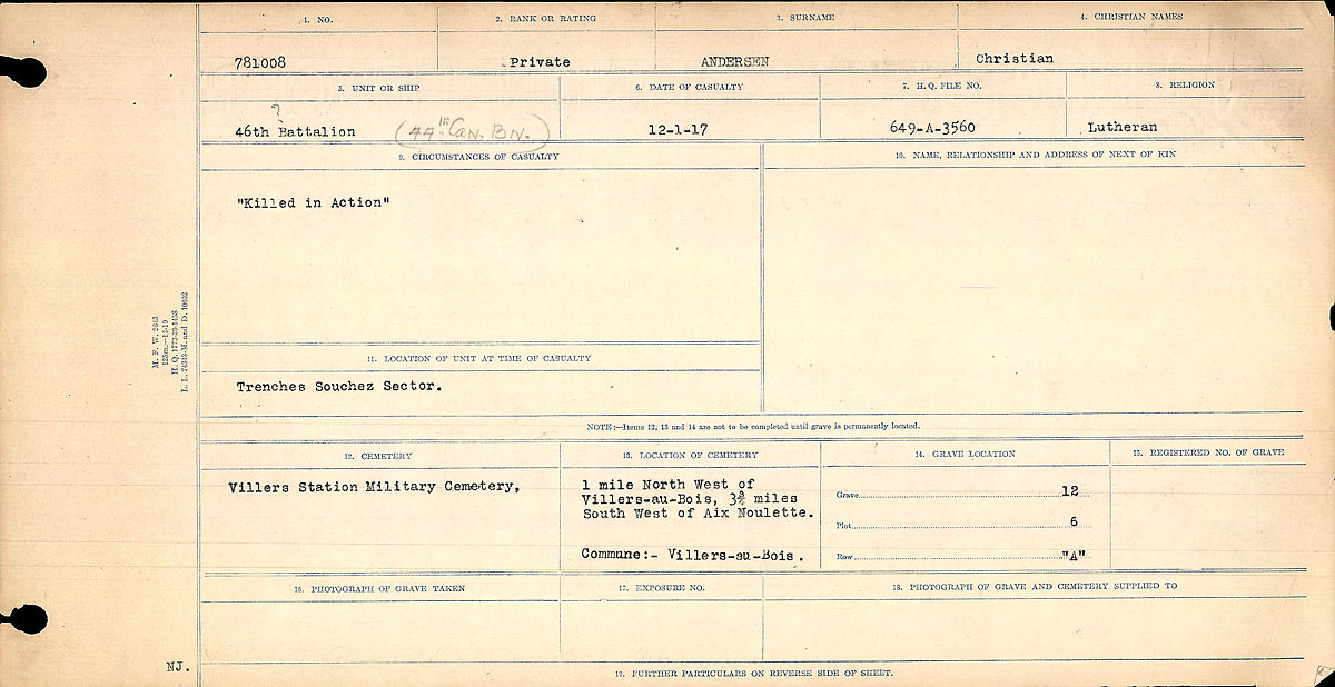 Titre : Registres de circonstances du dcs, Premire Guerre mondiale - N d'enregistrement Mikan : 46246 - Microforme : 31829_B016713