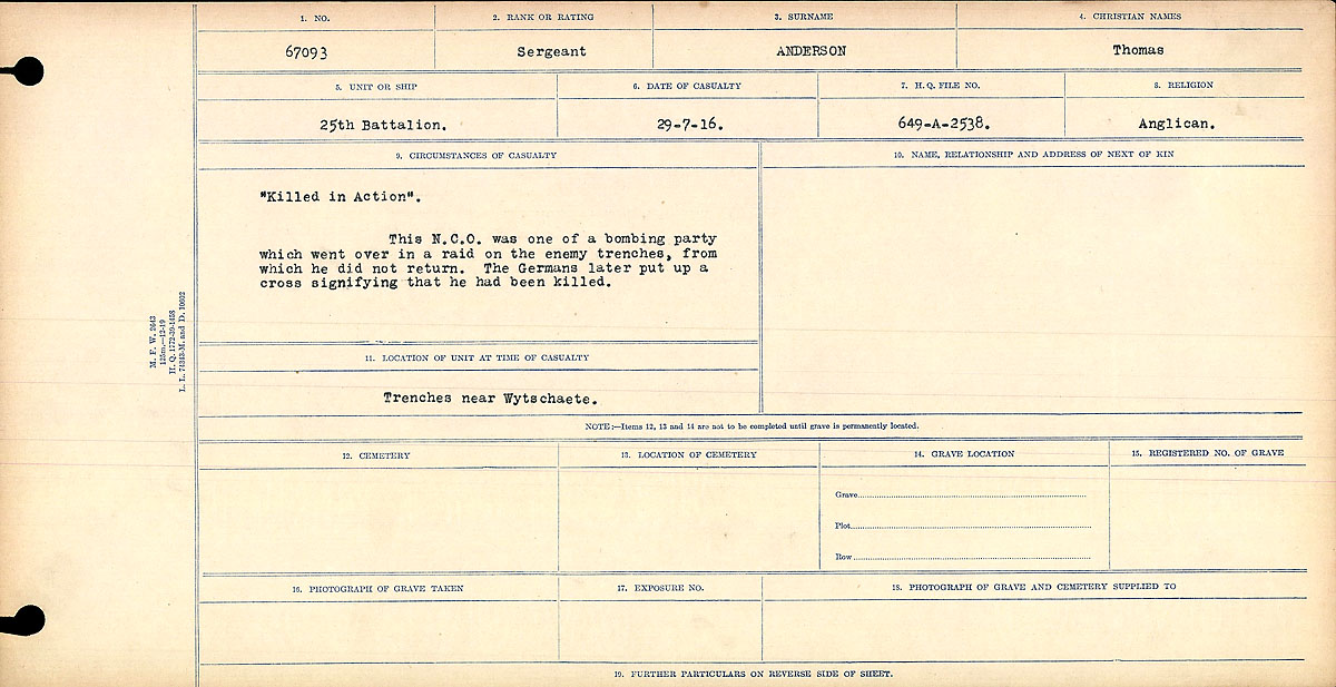 Title: Circumstances of Death Registers, First World War - Mikan Number: 46246 - Microform: 31829_B016713