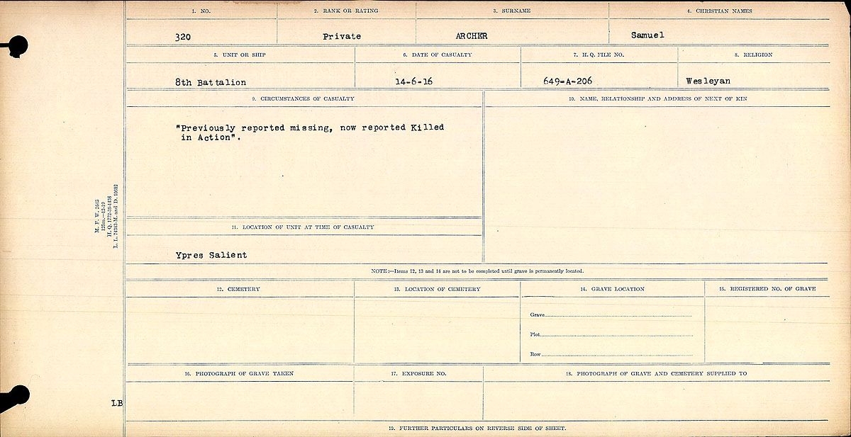 Title: Circumstances of Death Registers, First World War - Mikan Number: 46246 - Microform: 31829_B016713