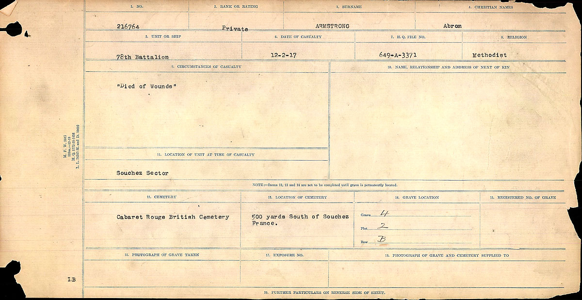 Title: Circumstances of Death Registers, First World War - Mikan Number: 46246 - Microform: 31829_B016714