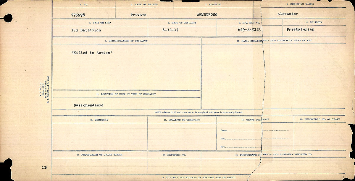 Titre : Registres de circonstances du dcs, Premire Guerre mondiale - N d'enregistrement Mikan : 46246 - Microforme : 31829_B016714