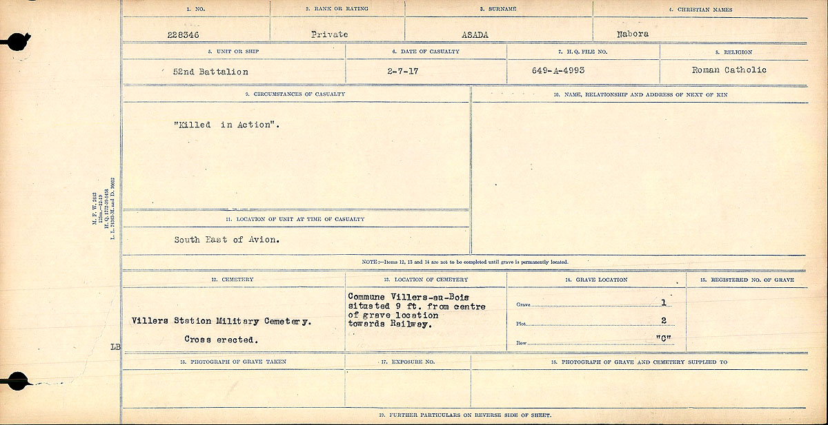 Title: Circumstances of Death Registers, First World War - Mikan Number: 46246 - Microform: 31829_B016714