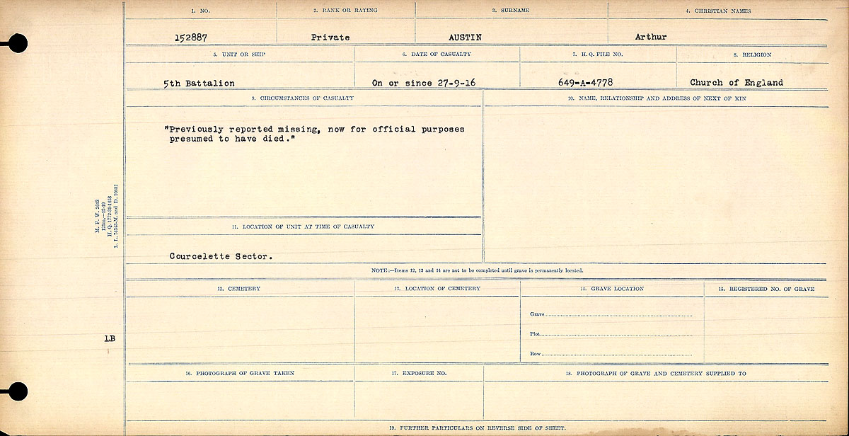 Title: Circumstances of Death Registers, First World War - Mikan Number: 46246 - Microform: 31829_B016714